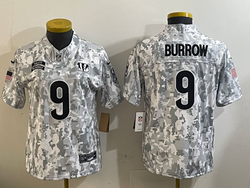 Youth Cincinnati Bengals #9 Burrow Nike Arctic Camo 2024 Salute to Service Limited NFL Jersey